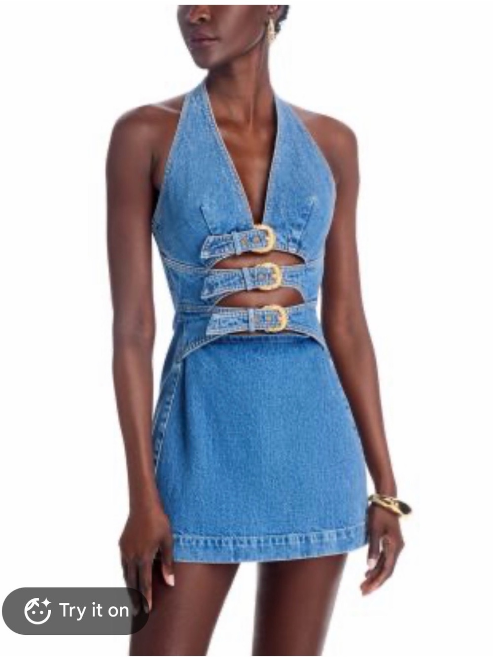 Commense Blue Denim Halter Mini Dress with Triple Buckles